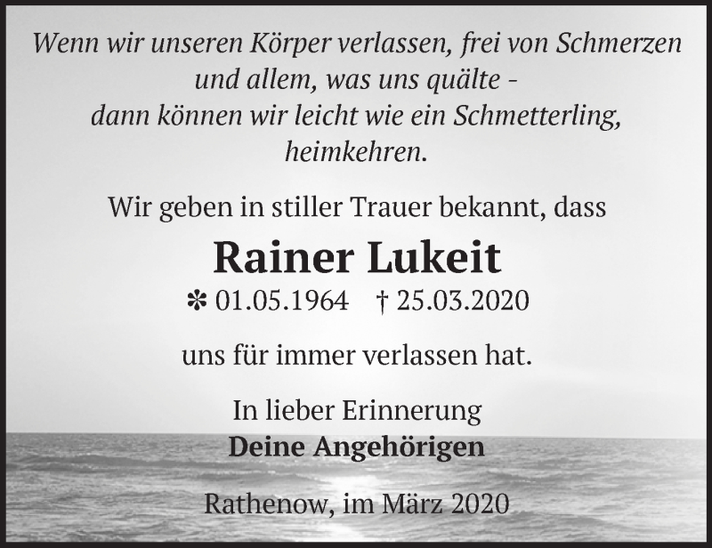  Traueranzeige für Rainer Lukeit vom 05.04.2020 aus Märkische Oderzeitung