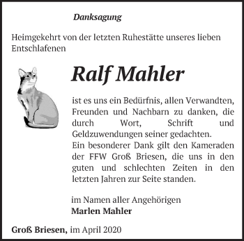 Traueranzeige von Ralf Mahler von Märkische Oderzeitung