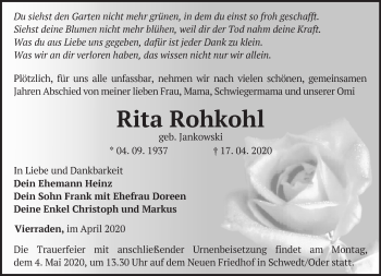 Traueranzeige von Rita Rohkohl von Märkische Oderzeitung