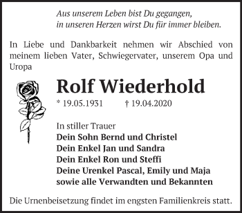 Traueranzeige von Rolf Wiederhold von Märkische Oderzeitung