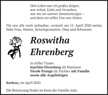 Traueranzeige von Roswitha Ehrenberg von Märkische Oderzeitung