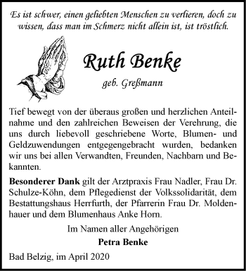 Traueranzeige von Ruth Benke von Märkische Oderzeitung