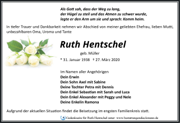 Traueranzeige von Ruth Hentschel von Märkische Oderzeitung