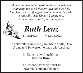 Traueranzeige von Ruth Lenz von Märkische Oderzeitung