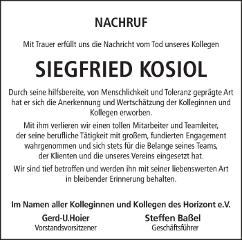 Traueranzeige von Siegfried Kosiol von Märkische Oderzeitung