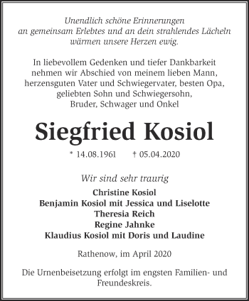 Traueranzeige von Siegfried Kosiol von Märkische Oderzeitung