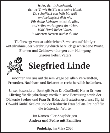 Traueranzeige von Siegfried Linde von Märkische Oderzeitung