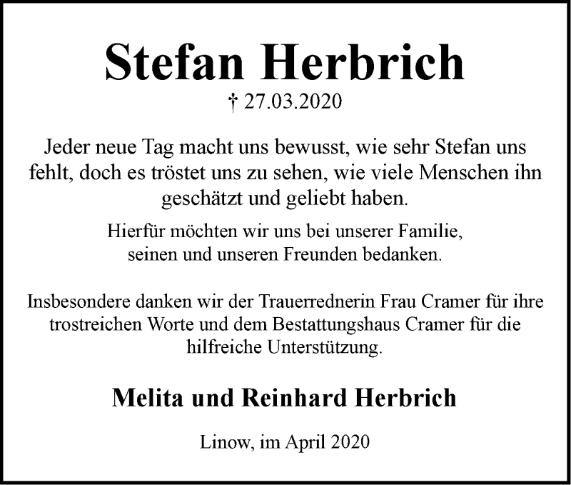  Traueranzeige für Stefan Herbrich vom 25.04.2020 aus Märkische Oderzeitung