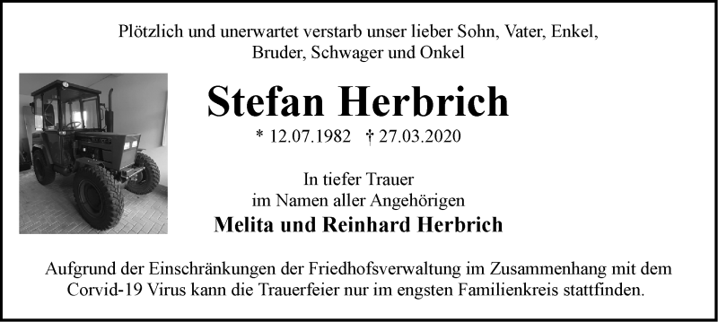  Traueranzeige für Stefan Herbrich vom 04.04.2020 aus Märkische Oderzeitung