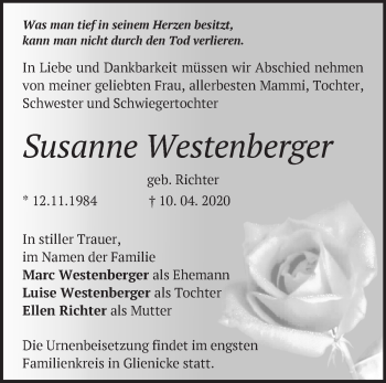 Traueranzeige von Susanne Westenberger von Märkische Oderzeitung