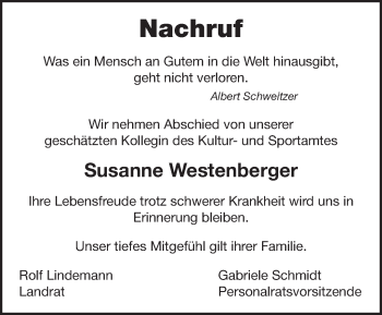 Traueranzeige von Susanne Westenberger von Märkische Oderzeitung