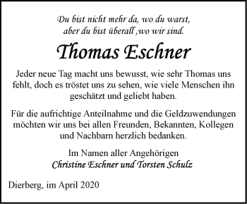 Traueranzeige von Thomas Eschner von Märkische Oderzeitung