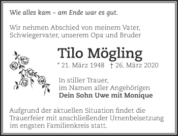 Traueranzeige von Tilo Mögling von Märkische Oderzeitung