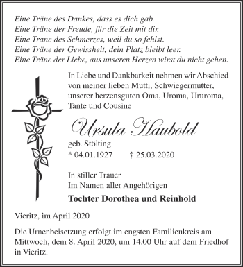 Traueranzeige von Ursula Haubold von Märkische Oderzeitung