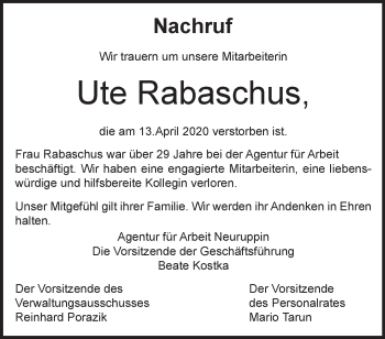 Traueranzeige von Ute Rabaschus von Märkische Oderzeitung