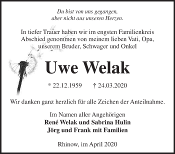 Traueranzeige von Uwe Welak von Märkische Oderzeitung