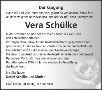 Traueranzeige von Vera Schülke von Märkische Oderzeitung