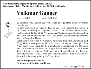 Traueranzeige von Volkmar Gauger von Märkische Oderzeitung