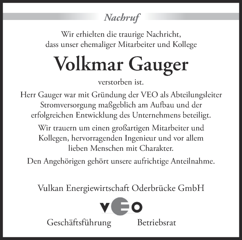  Traueranzeige für Volkmar Gauger vom 11.04.2020 aus Märkische Oderzeitung
