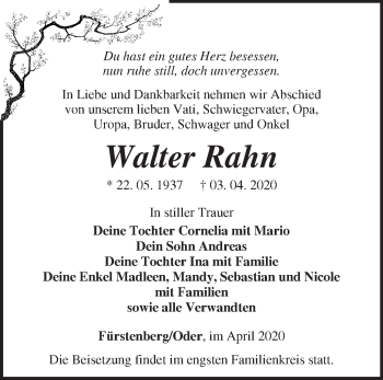 Traueranzeige von Walter Rahn von Märkische Oderzeitung