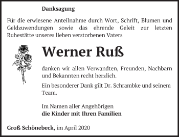 Traueranzeige von Werner Ruß von Märkische Oderzeitung