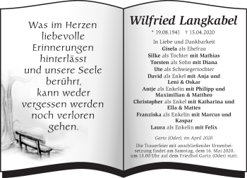 Traueranzeige von Wilfried Langkabel von Märkische Oderzeitung