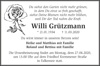 Traueranzeige von Willi Grützmann von Märkische Oderzeitung