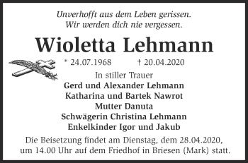 Traueranzeige von Wioletta Lehmann von Märkische Oderzeitung