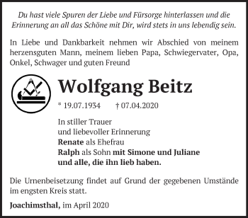 Traueranzeige von Wolfgang Beitz von Märkische Oderzeitung