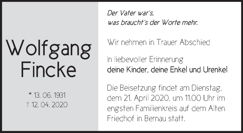  Traueranzeige für Wolfgang Fincke vom 18.04.2020 aus Märkische Oderzeitung
