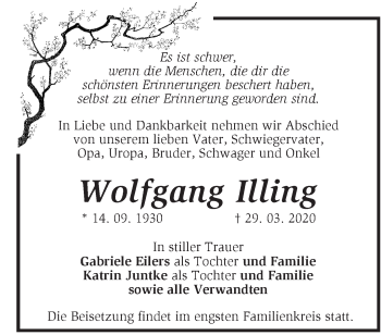 Traueranzeige von Wolfgang Illing von Märkische Oderzeitung