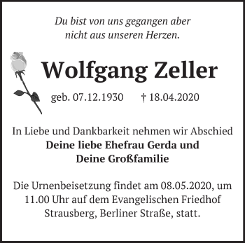 Traueranzeige von Wolfgang Zeller von Märkische Oderzeitung