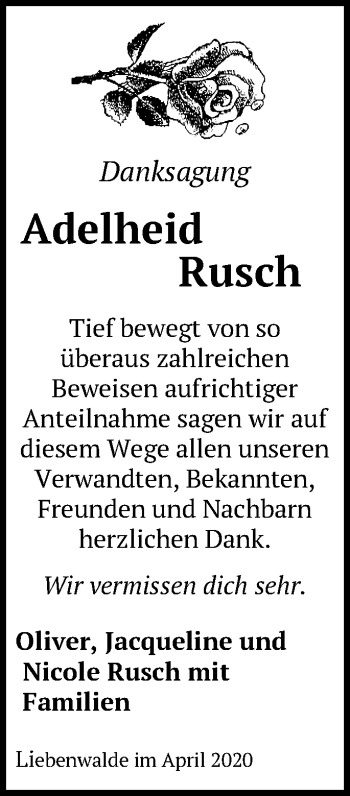 Traueranzeige von Adelheid Rusch von Märkische Oderzeitung