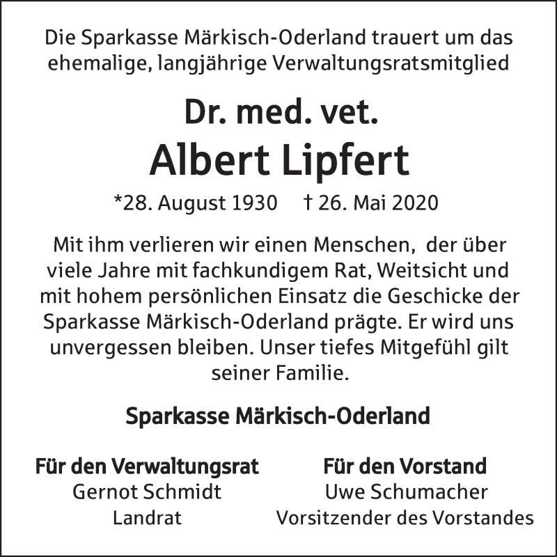  Traueranzeige für Albert Lipfert vom 30.05.2020 aus Märkische Oderzeitung