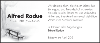 Traueranzeige von Alfred Radue von Märkische Oderzeitung