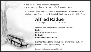 Traueranzeige von Alfred Radue von Märkische Oderzeitung