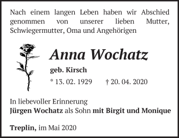 Traueranzeige von Anna Wochatz von Märkische Oderzeitung