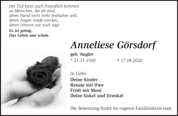 Traueranzeige von Anneliese Görsdorf von Märkische Oderzeitung