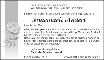 Traueranzeige von Annemarie Andert von Märkische Oderzeitung