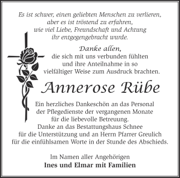 Traueranzeige von Annerose Rübe von Märkische Oderzeitung