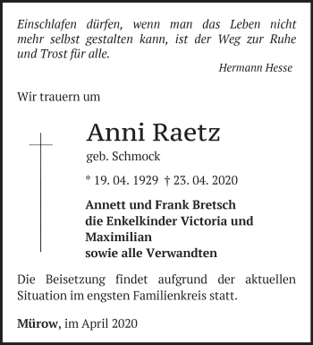 Traueranzeige von Anni Raetz von Märkische Oderzeitung