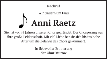 Traueranzeige von Anni Raetz von Märkische Oderzeitung