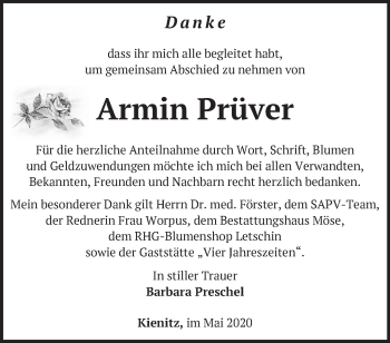 Traueranzeige von Armin Prüver von Märkische Oderzeitung