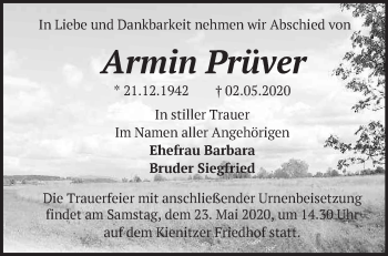 Traueranzeige von Armin Prüver von Märkische Oderzeitung