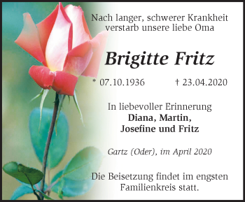 Traueranzeige von Brigitte Fritz von Märkische Oderzeitung