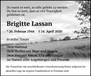 Traueranzeige von Brigitte Lassan von Märkische Oderzeitung