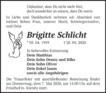 Traueranzeige von Brigitte Schlicht von Märkische Oderzeitung