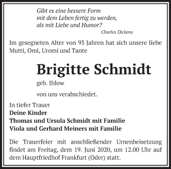 Traueranzeige von Brigitte Schmidt von Märkische Oderzeitung