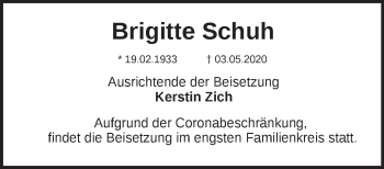 Traueranzeige von Brigitte Schuh von Märkische Oderzeitung