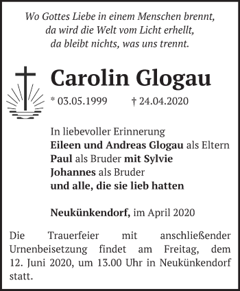 Traueranzeige von Carolin Glogau von Märkische Oderzeitung